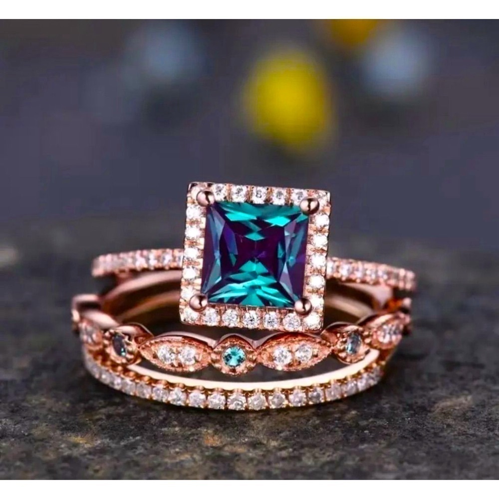 3pc Square Colorful Cubic Zirconia Ring Inlaid with Cubic Zirconia Diamonds